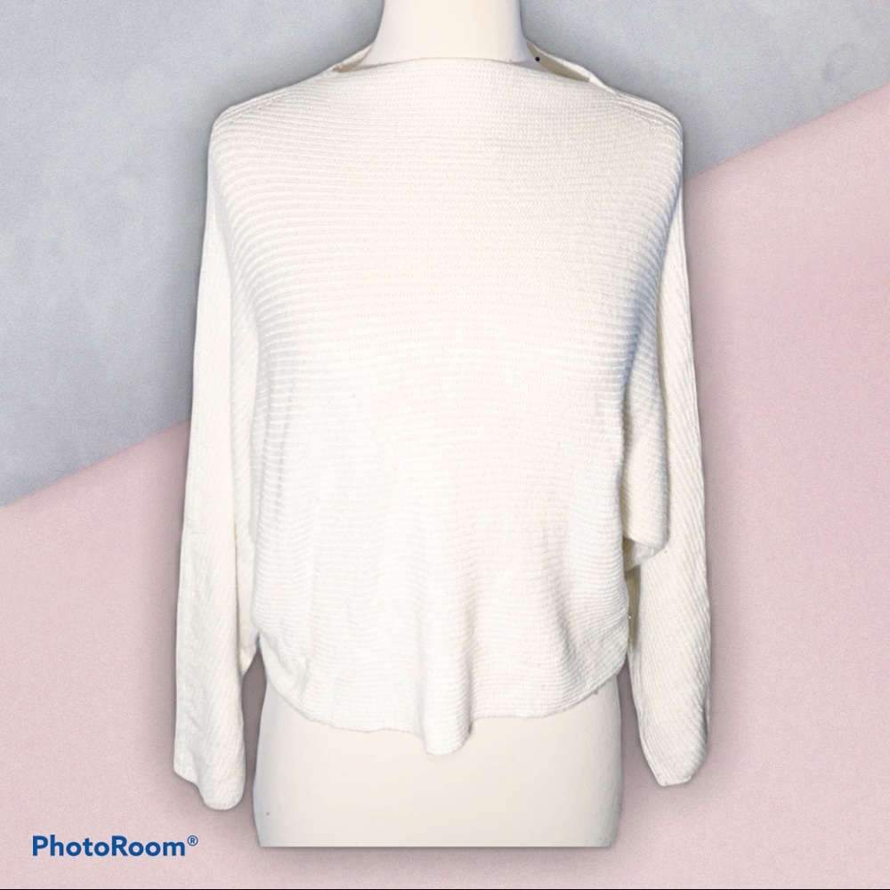 Boat Neck White Cotton/Wool Blend Sweater, M